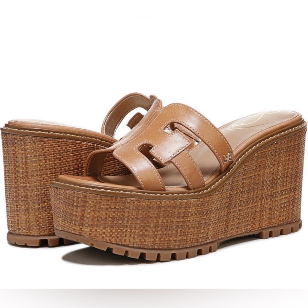 —New! Sam Edelman Laine Platform Wedge Sandal Women Rich Cognac Leather S 10